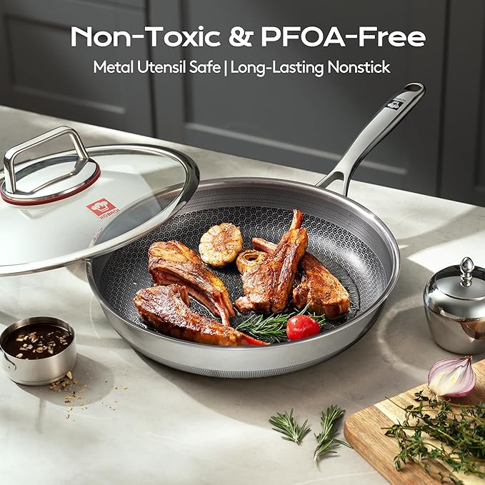 12in Nonstick Frying Pan - Stainless Steel Skillet, Dishwasher & Oven Safe, Compatible with Induction & Gas Stoves, Non-Toxic & Easy to Clean