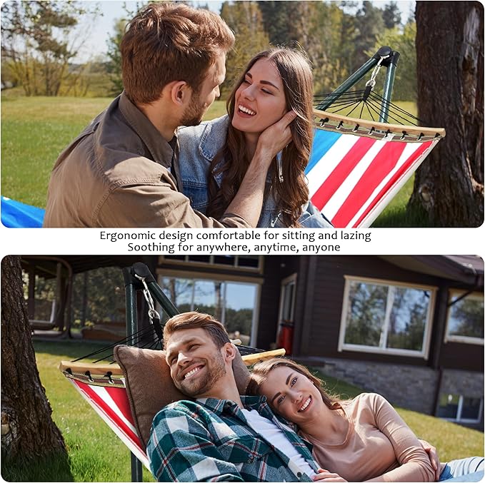 Tranquillo Sturdy Steel Hammock with Stand Premium Cotton Canvas Hammock, 600 lbs Capacity Hammock Stand Folding, Portable 30-Second Fold Unfold, for Camping, American Flag