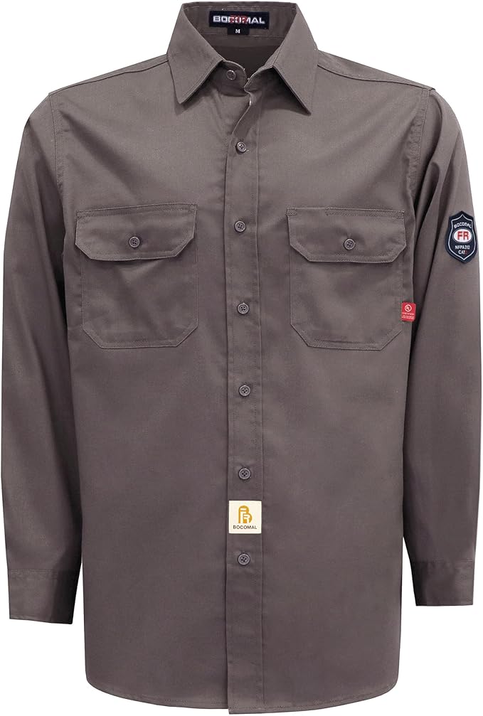 BOCOMAL FR Shirts Flame Resistant 100% C NFPA2112 7.5oz Men's Fire Retardant Welding Shirt