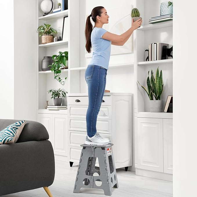 ACSTEP Folding Step Stool 16 Inch Heavy Duty Step Stool Foldable for Adults and Kids, Collapsible Stepping Stool with Handle, Non Slip Folding Stools for Kitchen Hold Up to 400lbs (Grey 1PC)