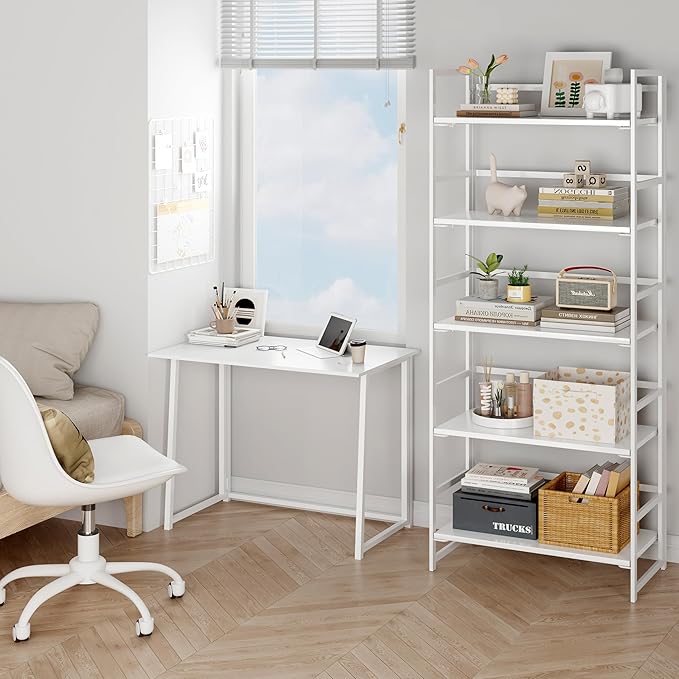 BHG Vintage Multifunctional Folding Bookshelf, No-Assembly Plant Stand Storage Rack Shelves for Home Office (All White, 5-Tier)