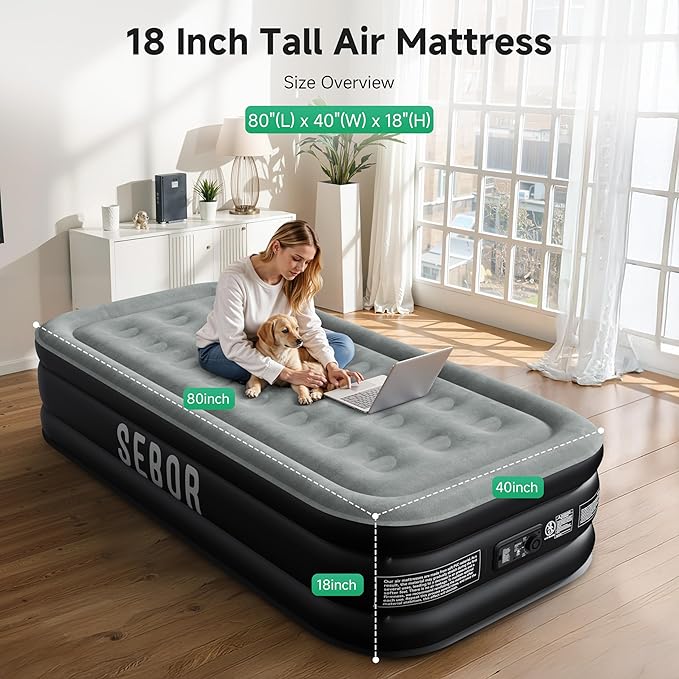 Air Mattress Twin with Built-in Pump 18", Comfortable Self-Inflating Air Mattress with High-Speed Pump, Durable Blow Up Mattress Twin with Storage Bag for Guests, Camping, Travel