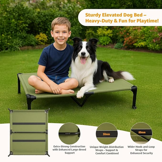 Canvas Elevated Dog Bed, Durable Chew Proof Outdoor Raised Pet Cot for Large Dogs, Waterproof, Breathable, Portable, Washable, Easy Assembly, Sturdy Frame for Camping & Travel, Green