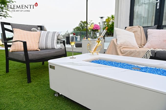 Elementi+ | Bundle Athens Gas Fire Pit | Concrete Body & Marble Porcelain Top | 62" Rectangular Fire Table | Electronic Ignition | Canvas Cover, Fire Glass, Burner Lid & More | White | Natural Gas