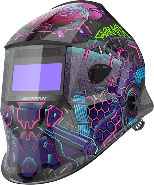 ARCCAPTAIN Large Viewing Screen Welding Helmet, 1/1/1/1 Top Optical Clarity Auto Darkening Welding Hood, 4 Arc Sensor 1/25000s Response Time True Color Weld Hood Helmet HSH-S800 Cyberpunk
