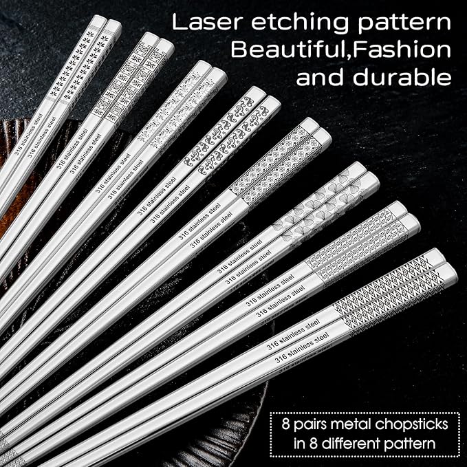 8 Pairs Metal Chopsticks Reusable 18/10 Stainless Steel Chopsticks Set Cute Laser Engraved Non-slip Japanese Korean Chinese Chopstick for Cooking Eating Dishwasher Safe 9.25" Chop Sticks Gift Set