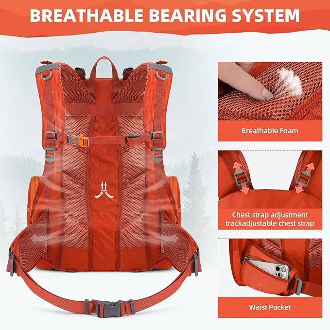 Maelstrom Hiking Backpack, 40L Waterproof Camping Daypack for Men and Women, Lightweight Travel Pack with Rain Cover-Orange