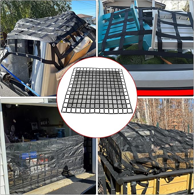 Heavy Duty 105" x 120" Truck Bed Cargo Net with Adjustable Cam Buckles & S-Hooks & Cross Strap,8.75' x 10' Cargo Net with 1500LBS Capacity for Pickup Truck Bed Trailer SUV Jeeps