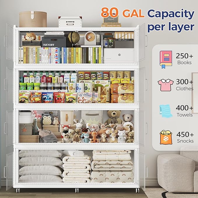 240GAL Extra Large Stackable Storage Bins with Lid, 960QT Plastic Closet Organizer and Storage Cabinet with Wheels and Doors, Folding Storage Box Container for Home Organization, 3Pack White