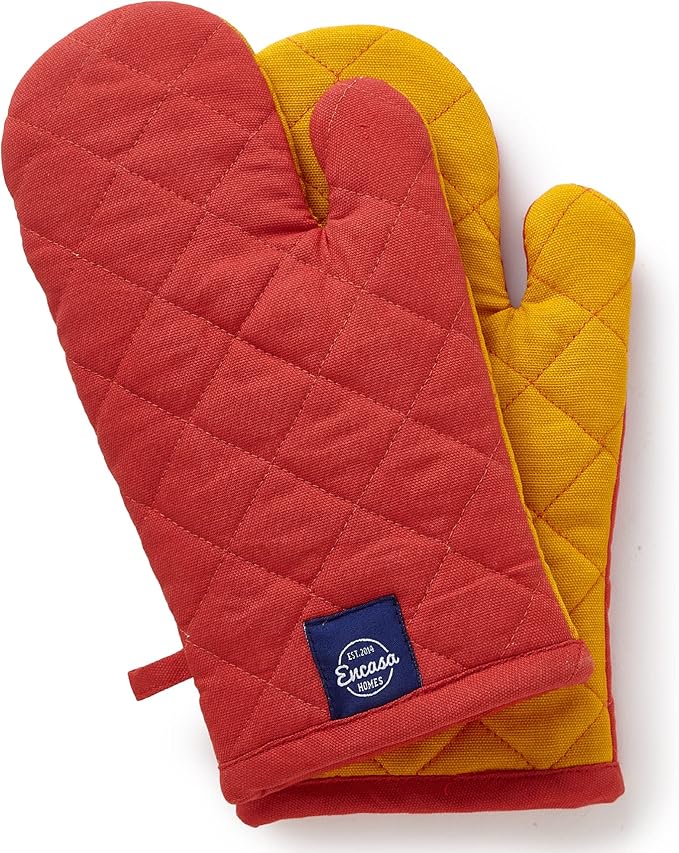 Encasa XO Heat Resistant Cotton Oven Gloves Mitts (2 Pc Set) - Quilted & Safe 12x7 in - for Kitchen, Cooking & Baking, Grilling, Handling Hot Pots & Pans - Mango