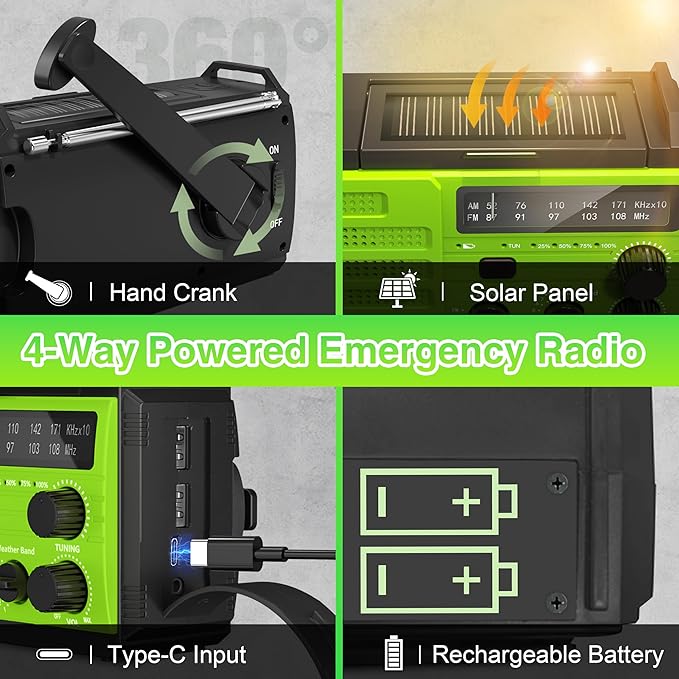Emergency Radio 22200mWh Solar Hand Crank Emergency Radio: AM/FM/NOAA Weather Radio with Phone Charger, Flashlight & Reading Lamp, Headphone Jack, SOS Alarm for Home Survival Hurricane