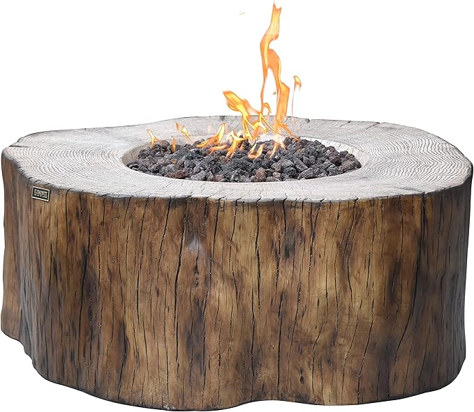 Elementi | Manchester Gas Fire Pit Cast Concrete Semi-Round Fire Table, Outdoor Fire Pit Electronic Ignition | Canvas Cover, Lava Rock Included | Red Wood | Natural Gas