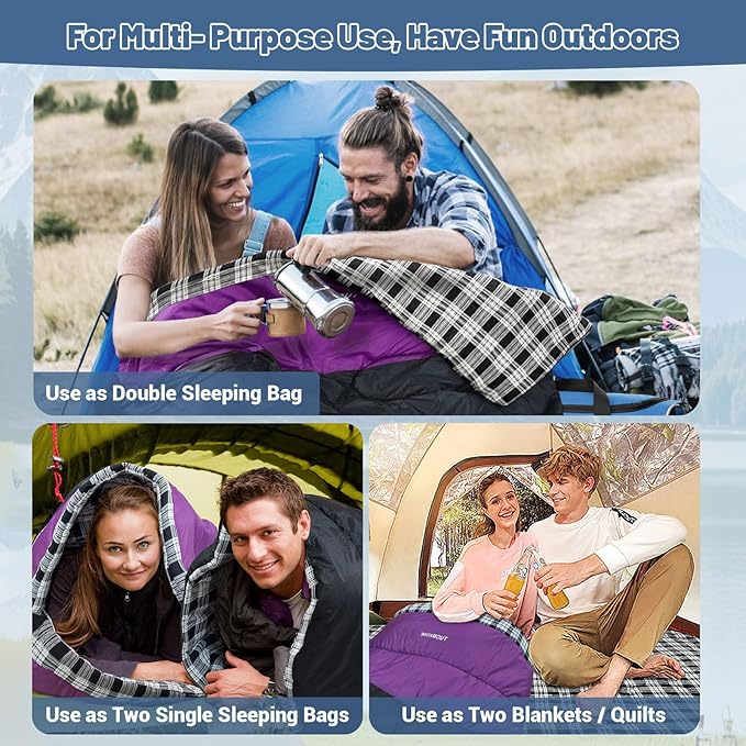Double Sleeping Bag for Adults Machine Washable 2 Person Camping Sleeping Bag Queen Size Waterproof with Compression Sack for Cold Weather 3-4 Seasons