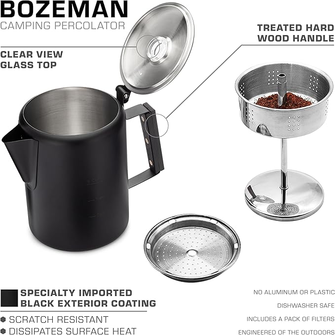 COLETTI Black Bozeman Percolator Coffee Pot — Camping Coffee Pot, Coffee Percolator Stovetop – America’s Sleekest Percolator – Pure Stainless Steel, NO Aluminum or Plastic (9 Cup)