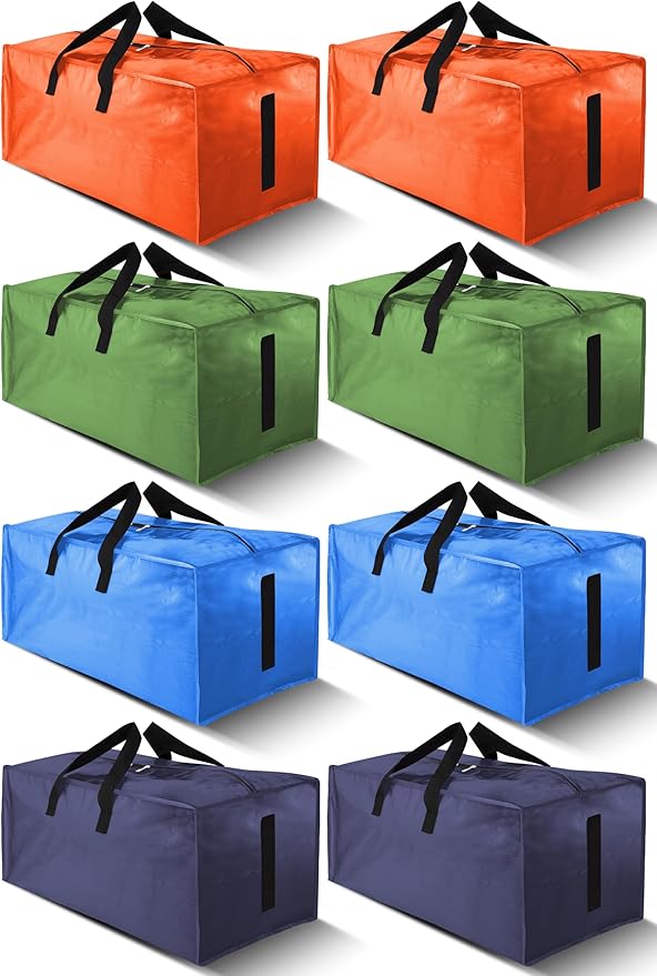 8 Pack Large Strong Moving Bags with Zippers & Carrying Handles - Water-Resistant - Heavy Duty Storage Tote for Space Saving, Fold Flat, Alternative to Moving Box (Multicolored)