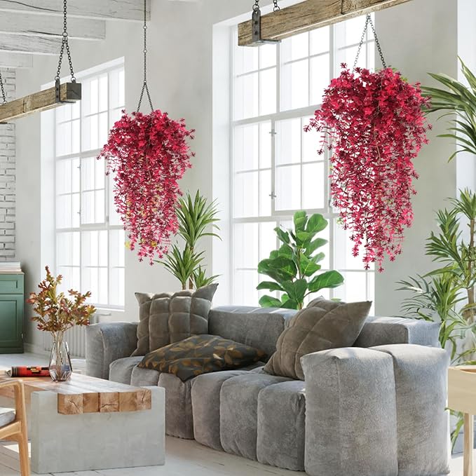Artificial Hanging Plants Artificial Fall Flowers Faux Autumn Plants Artificial Ferns for Outdoors Hanging Fake Vines Faux Hanging Plants for Fall Decor Indoor Outdoor House Wedding Party(Wine Red)