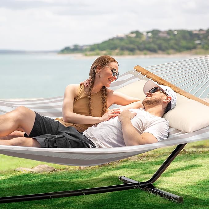 SUNCREAT Double Hammock with Stand Included, Outdoor Portable Hammock with Stand, Light Gray Stripes