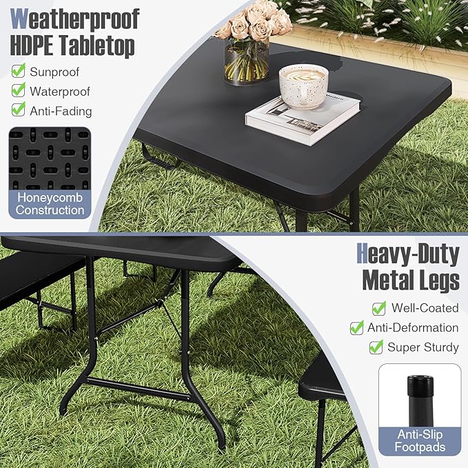 Goplus 6ft Plastic Folding Table, 350 LBS Outdoor Heavy Duty Folding Tables with HDPE Tabletop, Handle, Lock, Foldable Rectangle Portable Utility Card Table for Picnic, Party, Camping, Dining