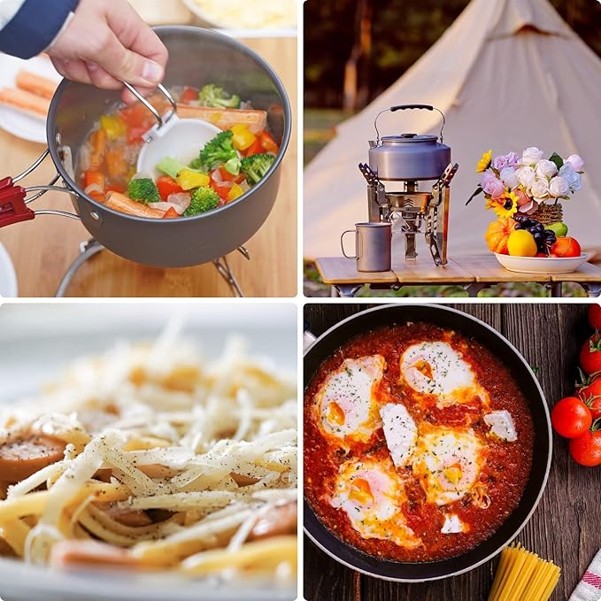 Bulin 24/13/11/8/4 PCS Camping Cookware Mess Kit Lightweight Backpacking Cooking Set Outdoor Cook Gear for Family Hiking, Picnic(Kettle, Pot, Frying Pan, Bowls, Plates, Spoon)