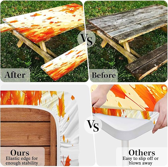 CAPSCEOLL Elastic Picnic Table Cover with Bench Covers 5Ft Waterproof Fitted Picnic Table Cover Cloths for Outdoors Camping Tablecloth with Drawstring Bag, 60X30in, Fall Maple