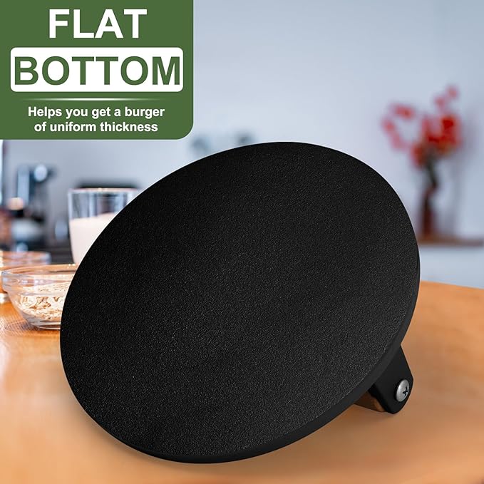 EWFEN Cast Iron Smash Bacon Press Meat Steak with Wood Handle, Burger Press(Round with Flat Bottom)