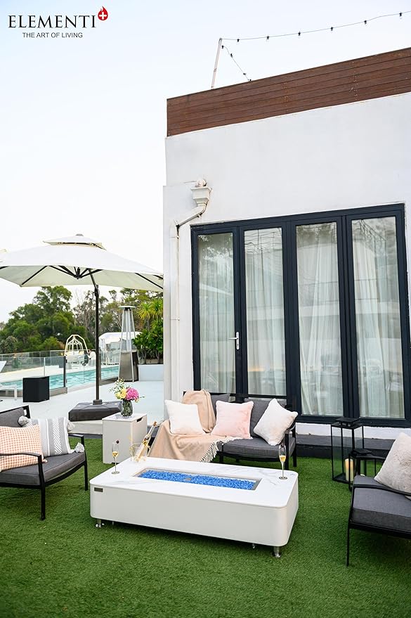 Elementi+ | Athens Gas Fire Pit | Cast Concrete Body & Marble Porcelain Top | 62" Rectangular Fire Table | Electronic Ignition | Canvas Cover, Fire Glass & Burner Lid Included | White | Propane Gas