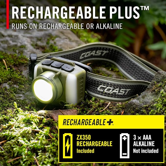Coast FL95R 1250 Lumen Rechargeable Plus LED Headlamp with Green, Red and Area Light Modes and Glide Focus