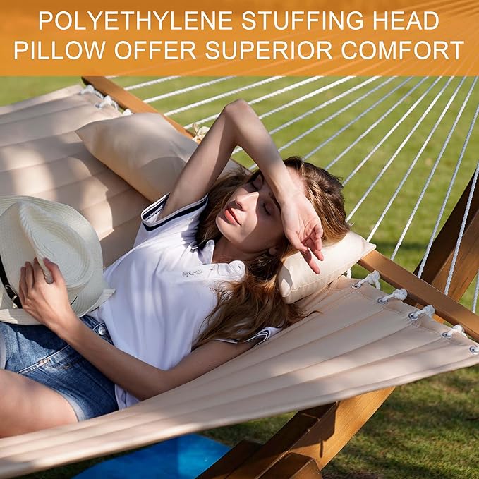 Lazy Daze Hammocks 12 FT Double Quilted Fabric Hammock and 13 FT Natural Wooden Arc Stand, with Spreader Bar, Removable Pillow, 2 Person Hammock for Poolside Outdoor Patio, 450 lb Capacity, Natural