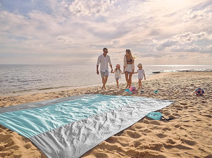 WEKAPO Beach Blanket Sandproof Waterproof, Extra Large Beach Mat, Oversized & Compact Sand Free Mat Quick Drying, Lightweight & Durable with 6 Stakes & 4 Corner Pockets