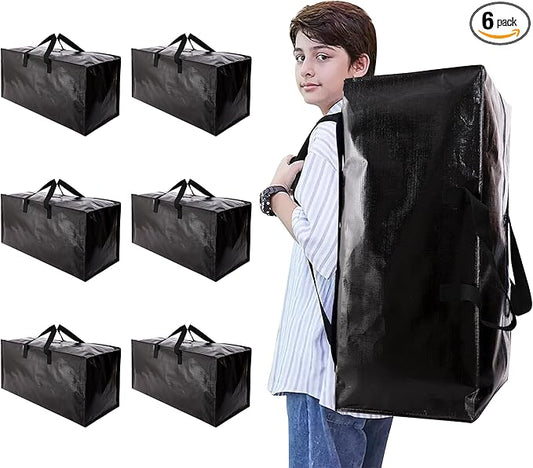 Heavy Duty Moving Bags with Backpack Straps and Strong Handles, Alternative to Moving Boxes and Storage Totes for Dorm Room Essentials, 6 Pack, Black