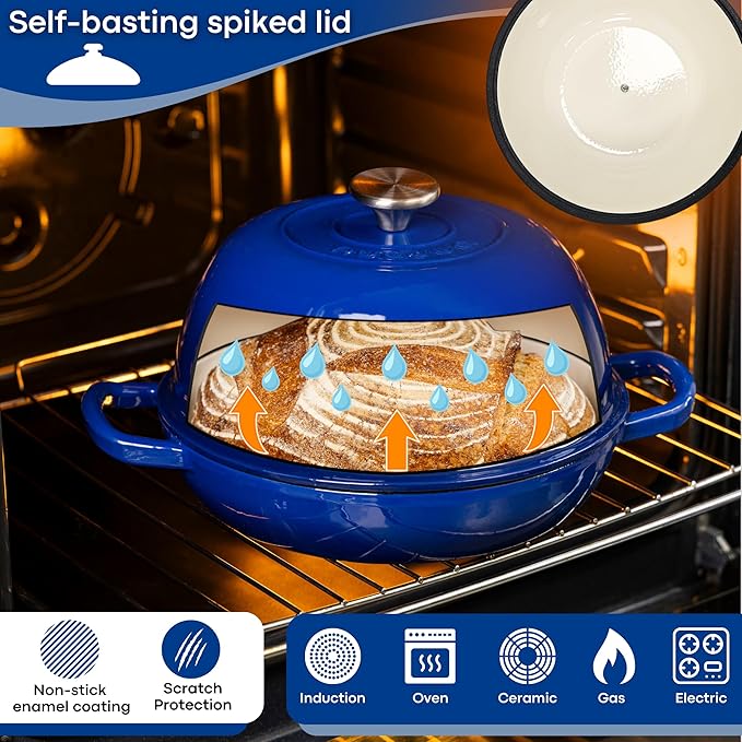 Enamelled Cast Iron Dutch Oven Pot – Dutch Oven For Sourdough Bread Baking – Cast Iron Bread Pot – Dark Blue, 6 Quarts, 26cm – by Nuovva