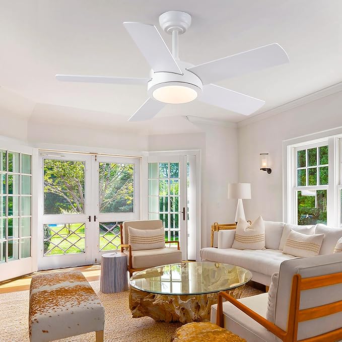 Ceiling Fans with Lights - 42" Low Profile Ceiling Fan Lights with 5 Blades, White Modern Ceiling Fan with Lights and Remote/APP, Dimming, 3CCT, Fan Light Fixture for Indoor Covered Outdoor
