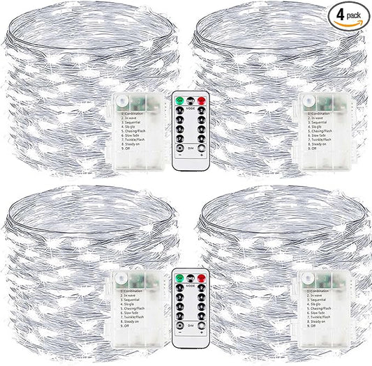 4-Pack Fairy Lights Battery Operated with Remote, Waterproof 33FT 100 LED Battery String Lights Outdoor Indoor, 8 Modes Twinkle Lights with Timer for DIY Home Centerpiece Christmas Decor (Cool White)