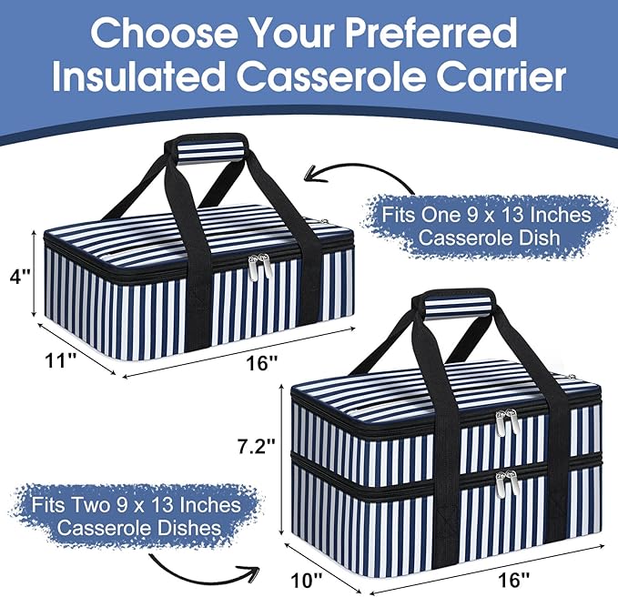 Double Insulated Casserole Carrier, Portable Casserole Carrier for Hot or Cold Food Lunch Tote Warmer or Cooler Bag, Lasagna Lunch Bag for Potluck Parties- Fits 9" x 13" Baking Dish-Blue Stripes