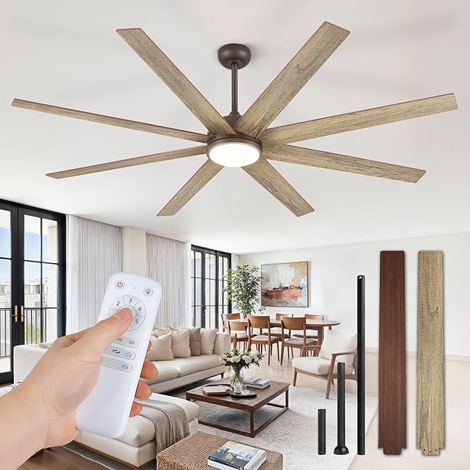 65 Inch Ceiling Fans with Lights and Remote, Walnut Indoor/Outdoor Ceiling Fan with Quiet Reversible DC Motor, 6 Speeds, 3CCT, 8 Blades Large Ceiling Fan for Living Room Bedroom Patio