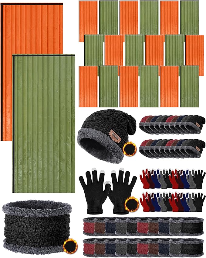 Tranqun Emergency Sleeping Bags Bulk with Winter Hat Gloves Scarf, Survival Sleeping Bag Bivy Sack Waterproof Lightweight Thermal Blanket Gear for Camping Hiking Outdoors Homeless
