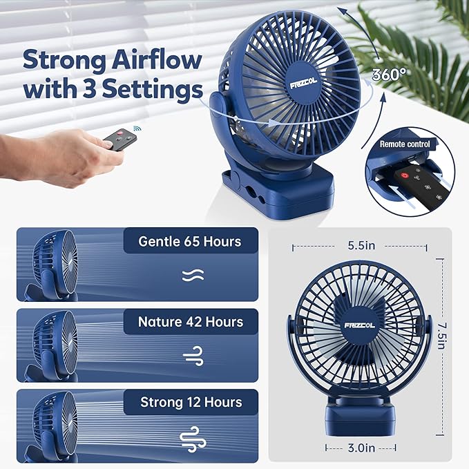 Clip on Fan 65 Hours Portable Desk Fan Rechargeable with LED Lights & Hooks 12000 Capacity Battery Operated Fan with Clips Small Desk Fan Mini Fans for Tents Travel Outdoor Camping Golf Cart Stroller