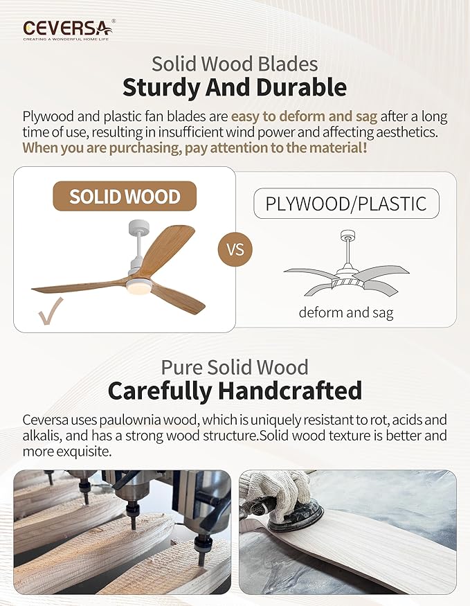 60 Inch Outdoor Natural Wood Ceiling Fans with Lights and Remote, 3 Blades Wood Outdoor Ceiling Fans, Noiseless Reversible DC Motor, for Patio,Living Room,Bedroom,Indoor,Farmhouse