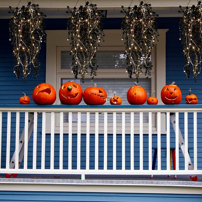 Black Hanging Flowers with Lights Faux Hanging Plants Black Artificial Hanging Plant Fake Greenery Faux Hanging Vines Plant for Indoor Outdoor Wedding Halloween Party Fall Wall Room Door Decor(Black)