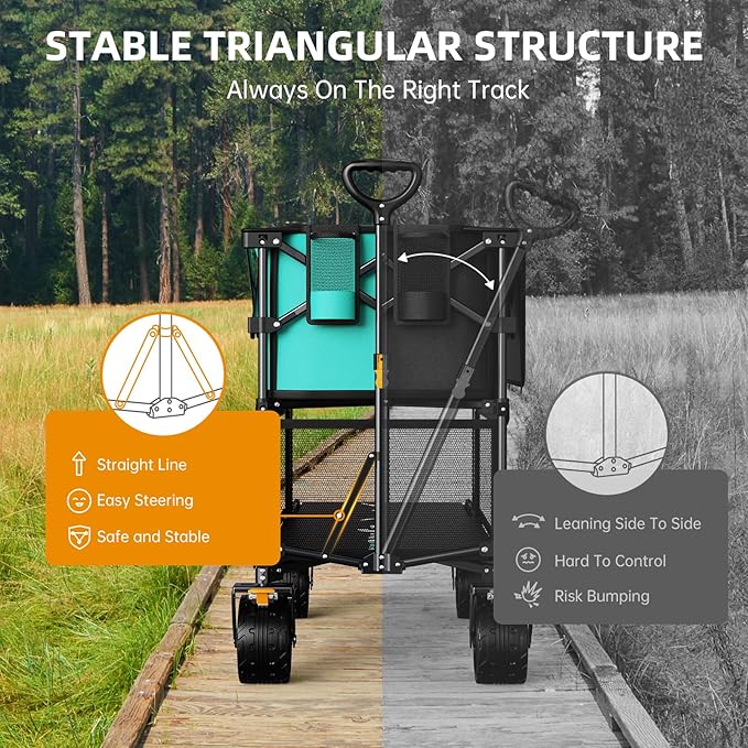 Foldable 50''L Extra Long Double Decker Wagon for Sport, 400L Collapsible Heavy Duty Wagon Cart with Big Wheels, Utility All-Terrain Large Extender Cart for Outdoors, Light Blue