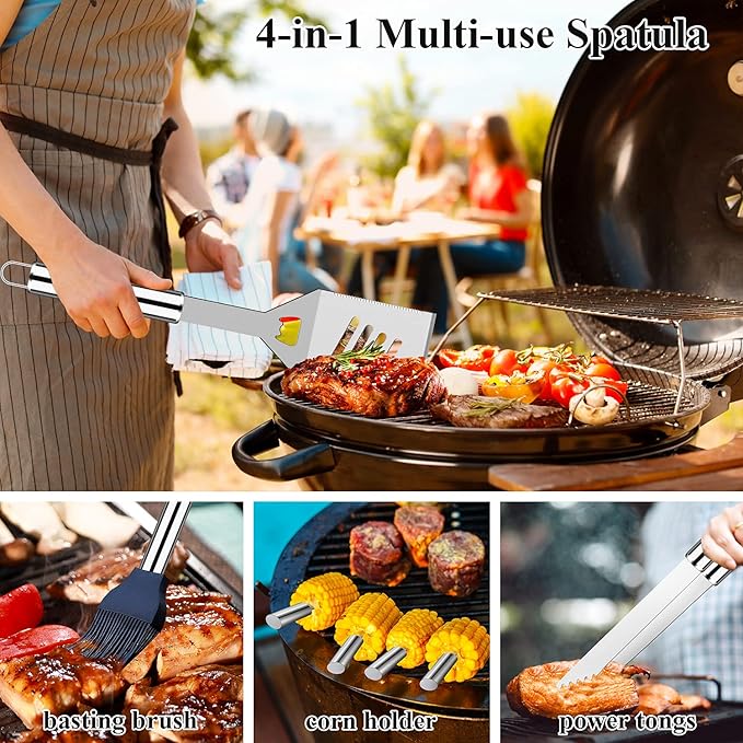 ROMANTICIST 27pcs Heavy Duty Grilling Gifts for Men Dad Fathers Day, Extra Thick BBQ Accessories Tools Set, Stainless Steel Grill Utensils Kit with Meat Claws, Carrying Bag for Outdoor Camping Silver