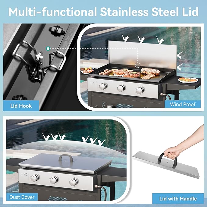 GREEN PARTY 3 Burner Propane Gas Griddle with Removable Standing Cart, Convertible to Tabletop Design, 27 inch Flat Top Grill for Outdoor Cooking Camping Tailgating Barbecue