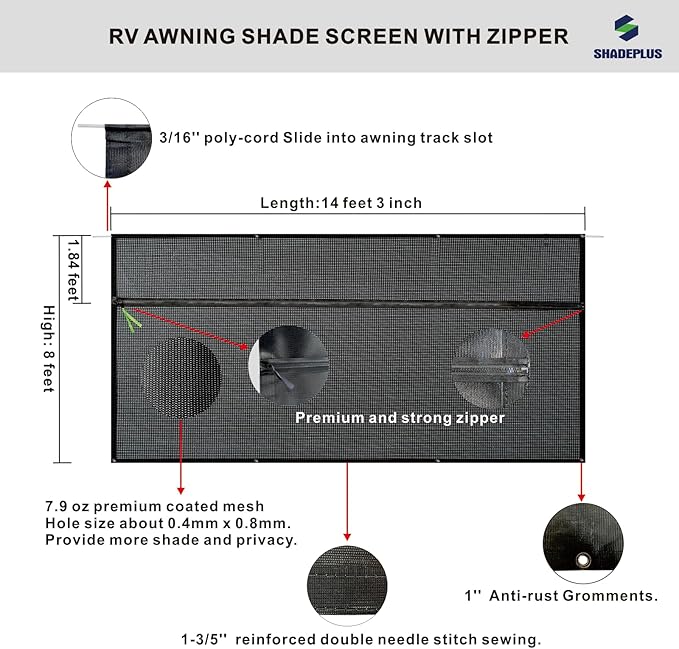 RV Awning Sun Shade Screen 8'x14'3''(Fit for 15' Awning),Black Mesh Shade Screen with Zipper,Universal Trailer Camper Awning Screen with Complete Kits,Improves Shadow and Privacy.