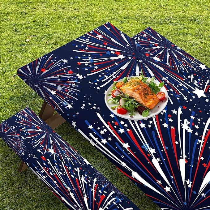 CAPSCEOLL Elastic Picnic Table Cover with Bench Covers 5Ft Waterproof Fitted Picnic Table Cover Cloths for Outdoors Camping Tablecloth with Drawstring Bag, 60X30in, Fireworks