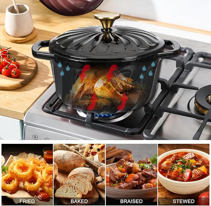 Enameled Cast Iron Dutch Oven with Lid, 3 QT Cast Iron Dutch Oven Pot, Heavy Duty Cast Iron Pot for Bread Baking, Cook, Bake, Oven Safe across All Cooktops(Black,3 QT)