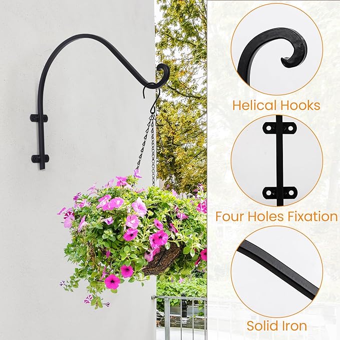 4 Pack Heavy Duty Hanging Plant Bracket,16 Inch Outdoor Plant Hangers,Black Wall Hanging Brackets for Flower Basket, Bird Feeders, Lanterns, and Wind Chimes