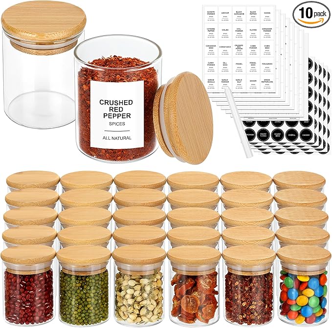 4OZ Glass Spice Jars with Bamboo Lids and 315 Labels, 10 Pcs Clear Food Storage Containers for Kitchen Sugar Salt Coffee Tea Beans
