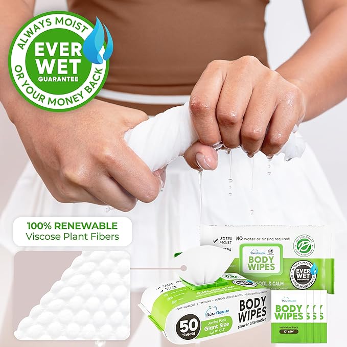 Body Wipes for Women, Extra Moist No Rinse Bathing Sheets (4pk), 200 XL Shower Cloths + 16 Deodorizing Bath Wipes - 9"x12" Travel Size Essentials, Toiletries for Womens Hygiene & Post Workout Cleanup