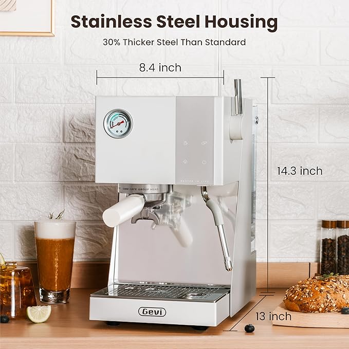 Gevi Espresso Machine with OPV, 20Bar Espresso Maker with Milk Frother Steam Wand, Dual Display, 58mm Portafilter, Stainless Steel Espresso Machines for Espresso/Latte/Cappuccino, White