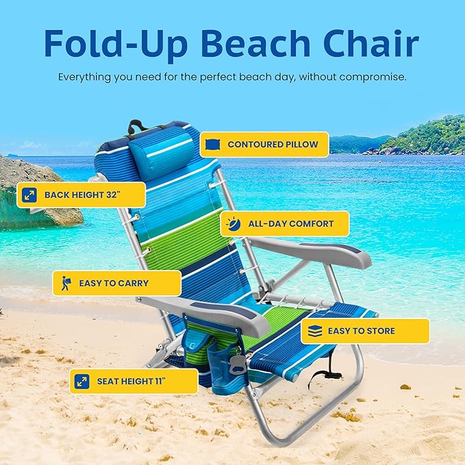 Homevative Backpack Fold-Up Beach Chair, 5 Positions, Towel bar, Cooler, Storage Pouch, Cup Holder and Phone Pocket